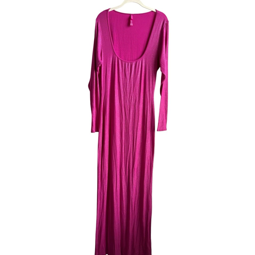 Skims Maxi Plus Size Dress Size 3X Pink Ribbed Long Sleeve Lounge Shimmer