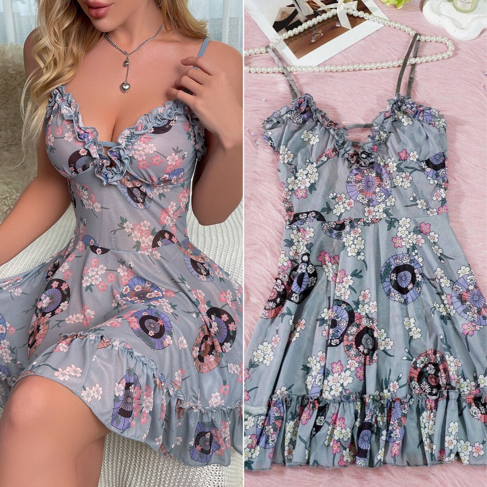 Women's Sexy Lingerie with Paper Umbrella Print Strap Sleep Dress Babydoll Gown