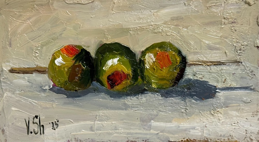 Original Oil Painting Three Olives Impressionism Signed Food Kitchen Artwork