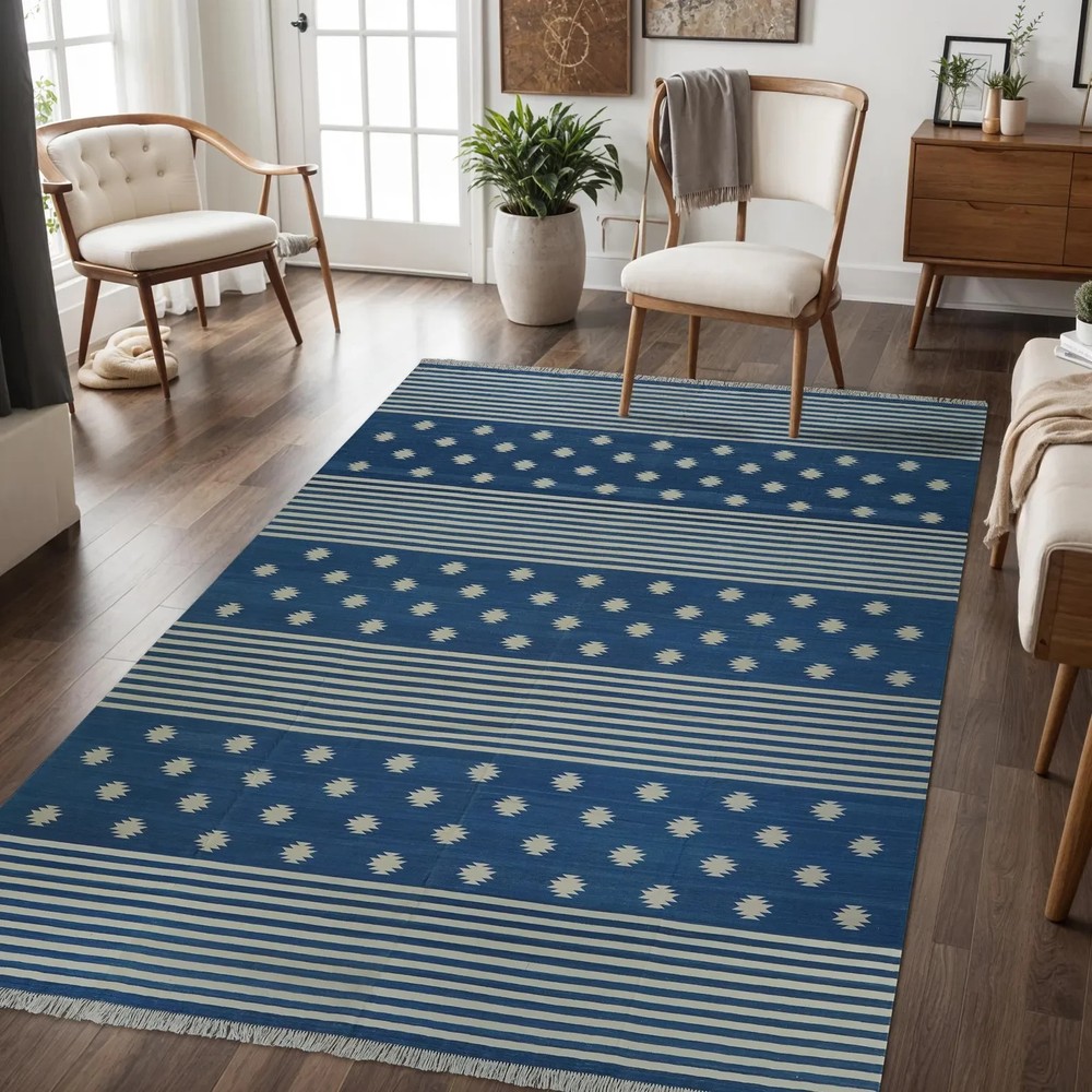 Hand Knotted Cotton Dhurrie Rug Color Blue and White Design Handmade Carpet Rug