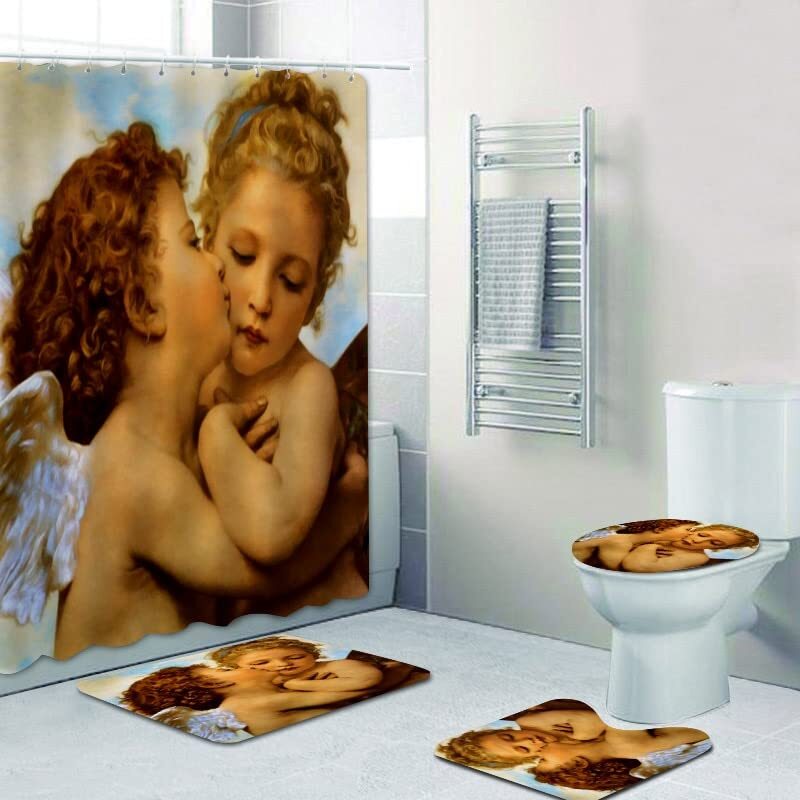 4PCS Set 3D Shower Curtain Sets Vintage Cupid Flower Floral Angels Home Decor...