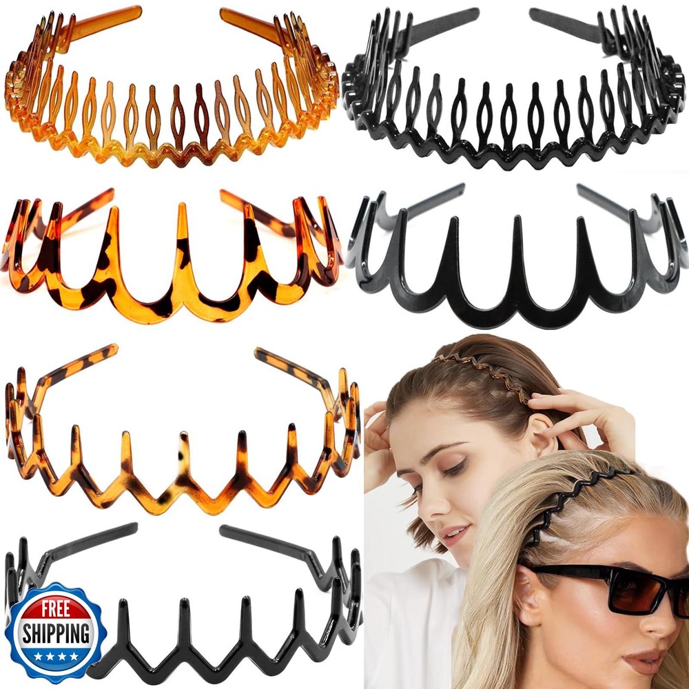 Supgoodom 6-Pack Wavy Plastic Headbands with Teeth for Secure Grip