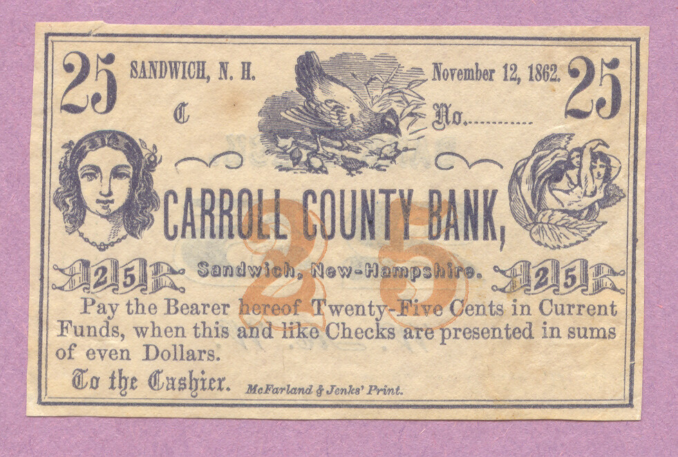 Scrip, Sandwich NH, Carroll County Bank, 25c, 1862, Unissued, AU, New Hampshire