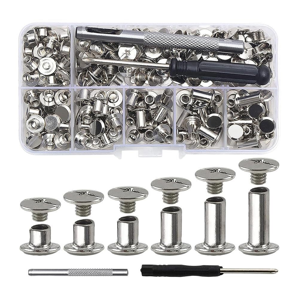 110 Sets 6 Sizes Chicago Screws Assorted Kit Flat Head Stud Screws Metal Leat...