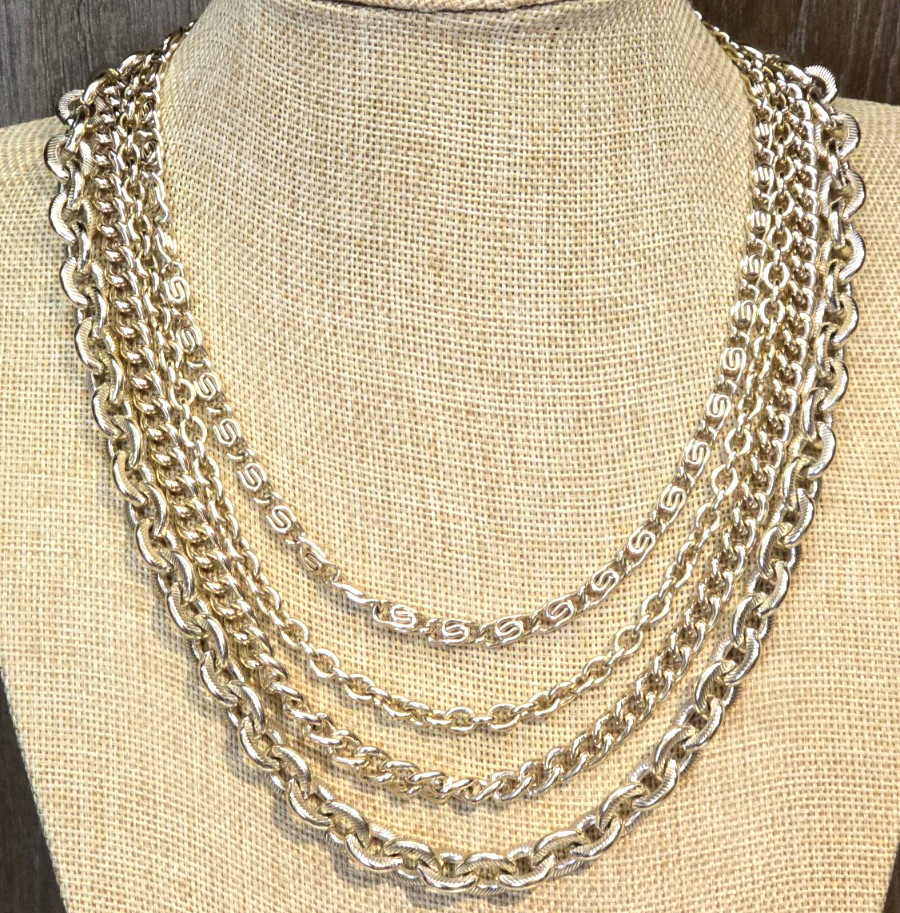 Vintage Coro Signed Multi Row Lightweight Chunky Chain Necklace Gold Tone