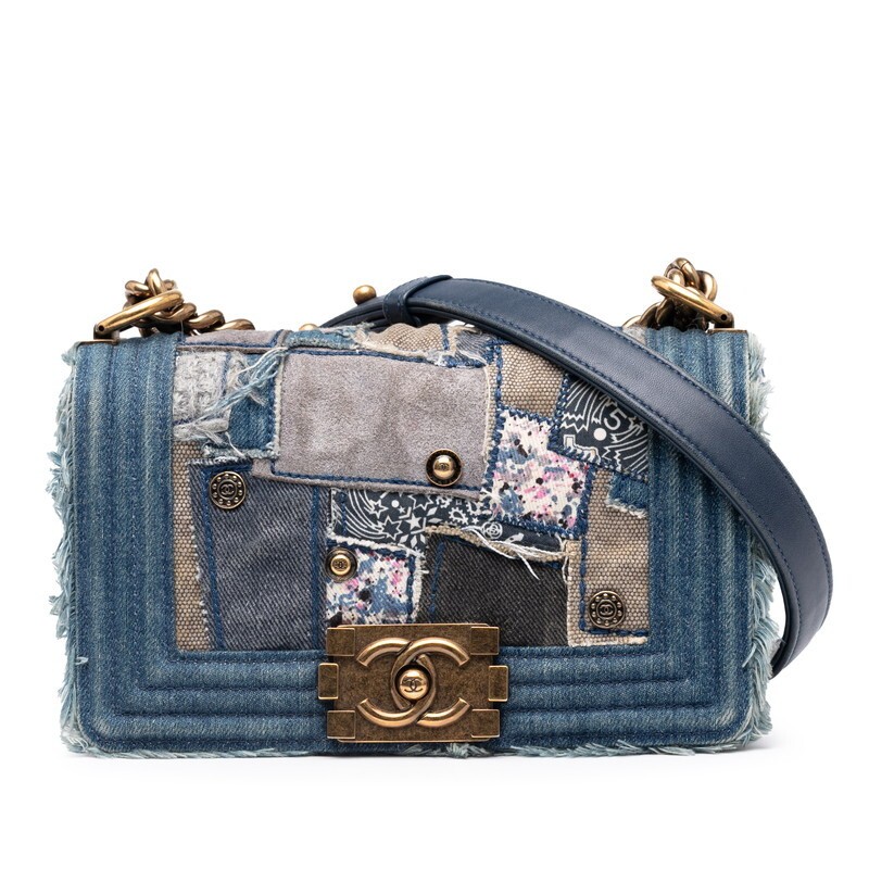 Chanel Boy Chanel Patchwork Chain Shoulder Bag Blue Gold Denim 730111