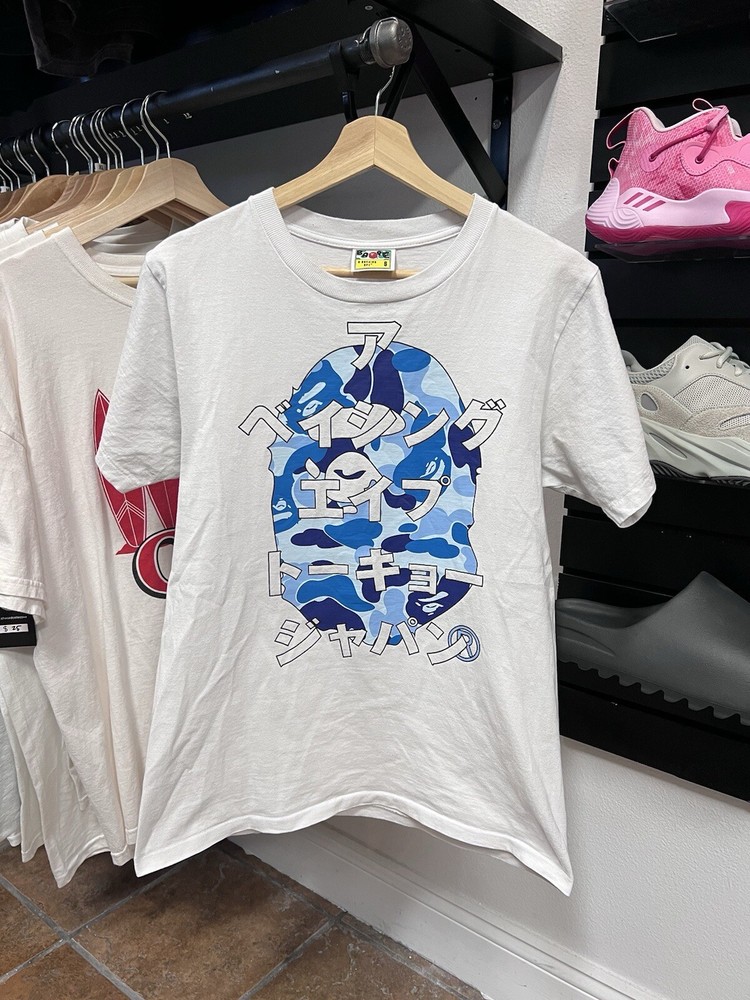 BAPE - Blue Camo Ape Head - White Tee - Size Small - PreLoved - Authentic -