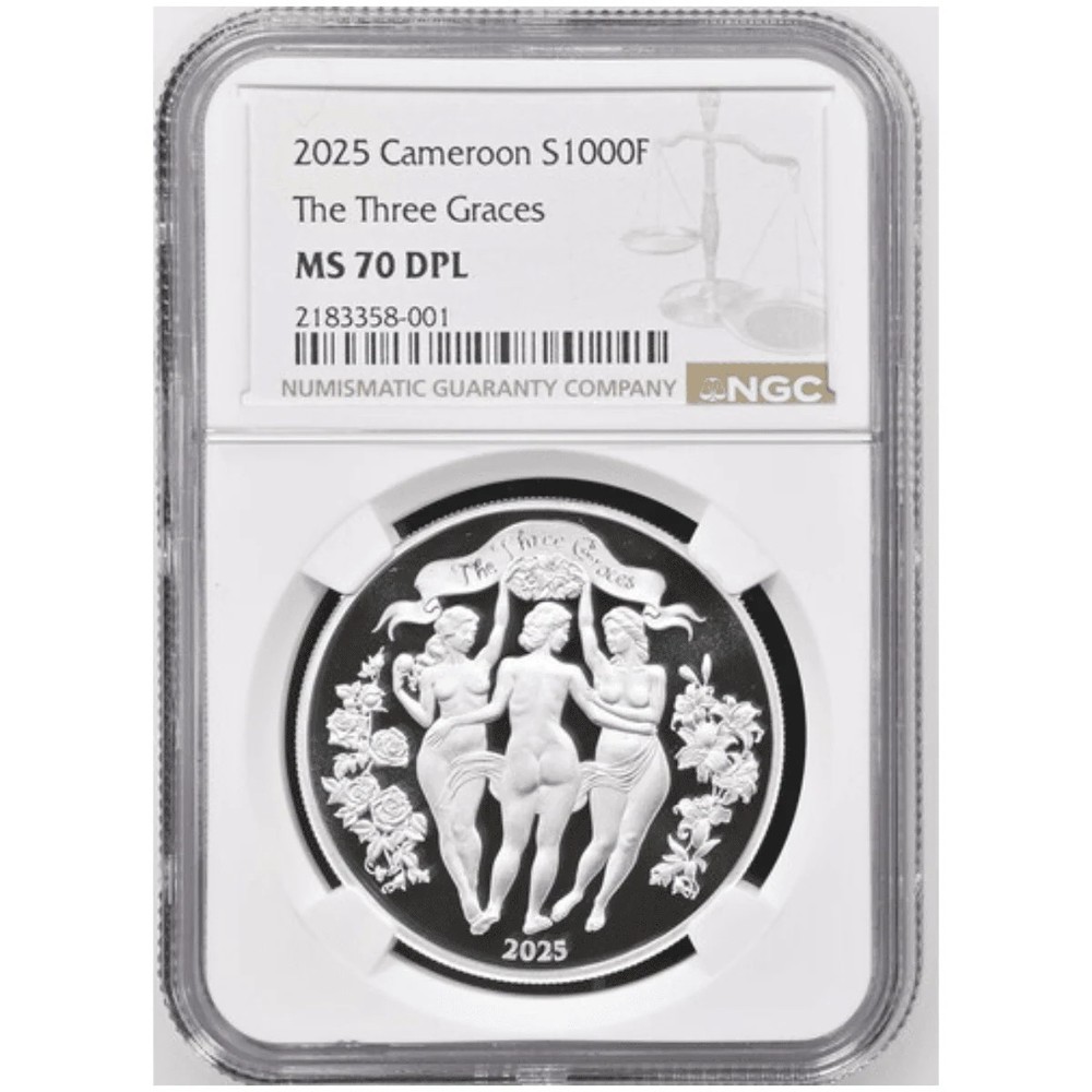 2025 Cameroon Celestial Beauty Three Graces 1 oz Silver Coin NGC MS 70 DPL