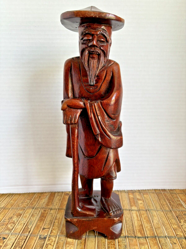 Hand Carved Wooden Bearded Wise Man Vintage Statue Oriental