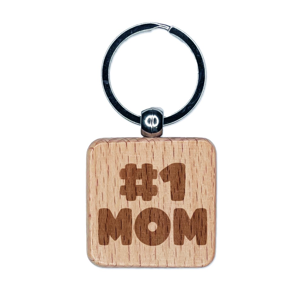 #1 Mom Number One Mother's Day Engraved Wood Square Keychain Tag Charm