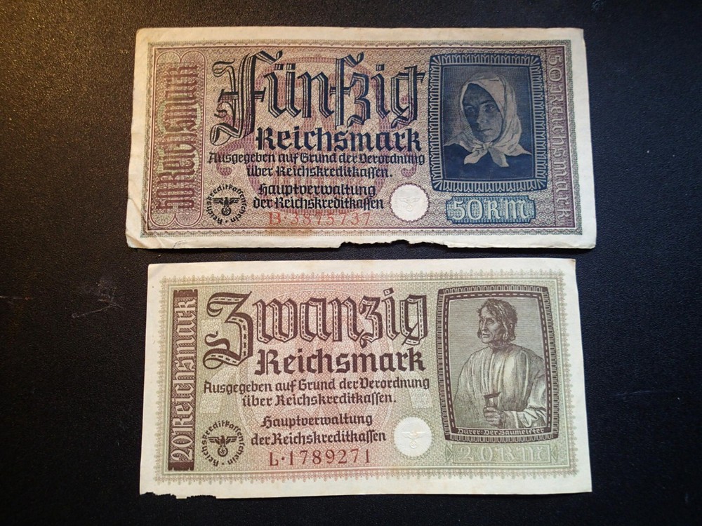 .. Lot of  2  ORIGINAL WW II BANKNOTES NAZI GERMANY GERMAN  20 & 50   REICHSMARK