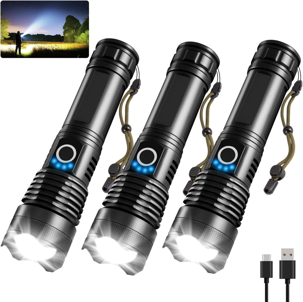 3Pack Rechargeable Flashlights High Lumens, 990000Lm Super Bright Flashlight, 5M