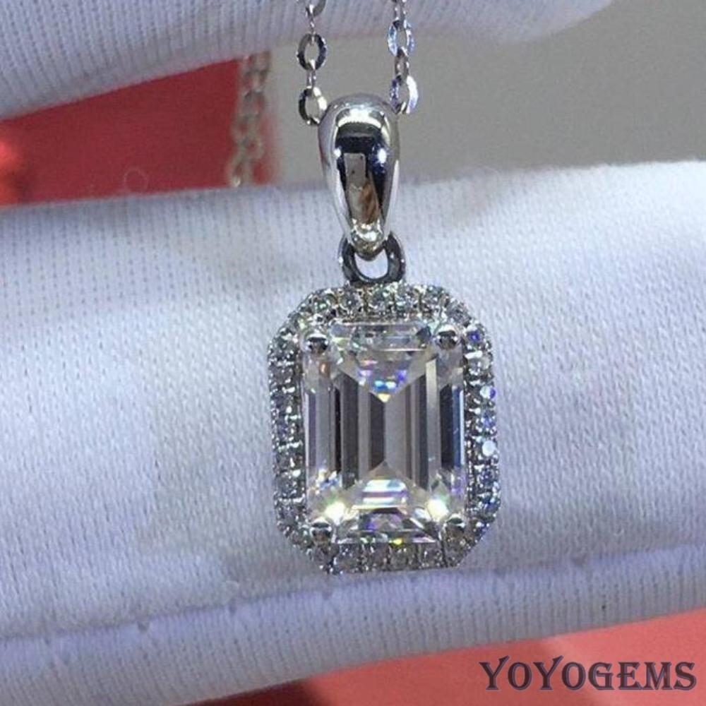 Christmas Sale Moissanite Halo Pendant 2.50 CT Emerald Cut Solid 14K White Gold-image