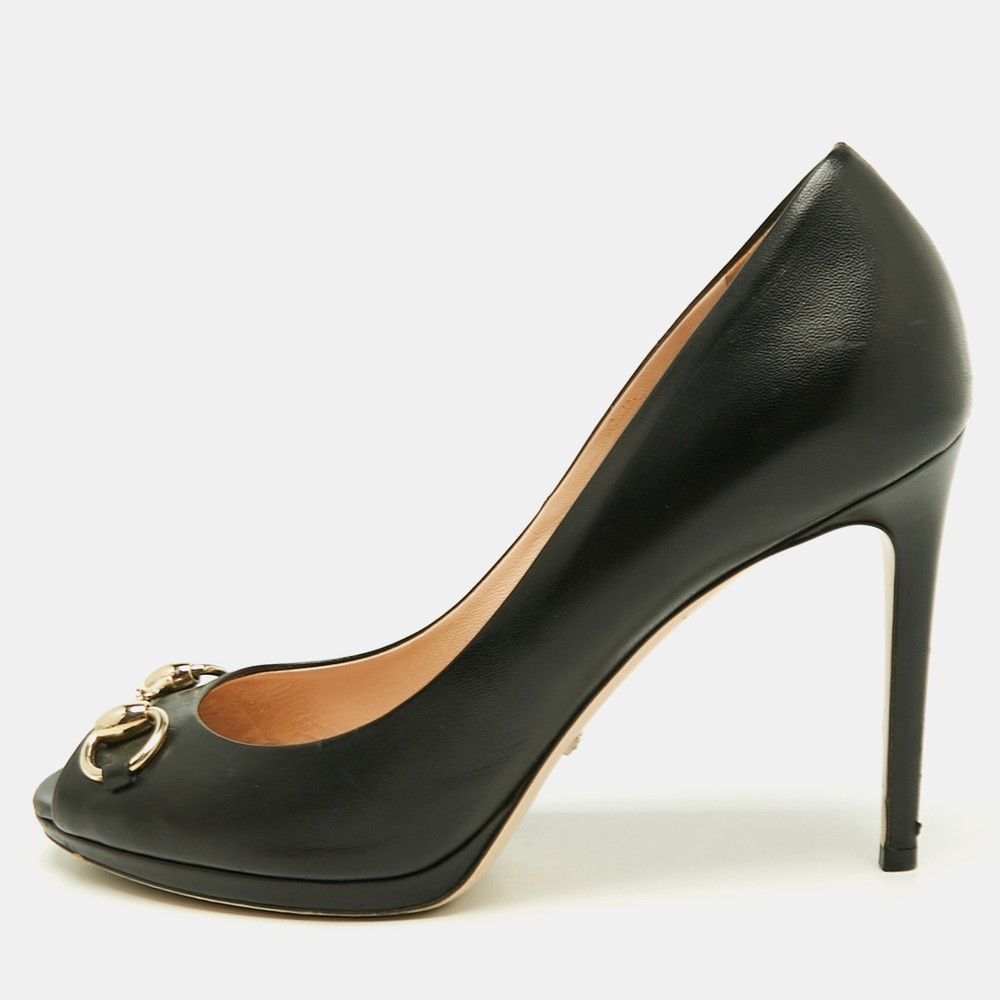 Gucci Black Leather Horsebit Peep Toe Pumps Size 38.5 New Hollywood