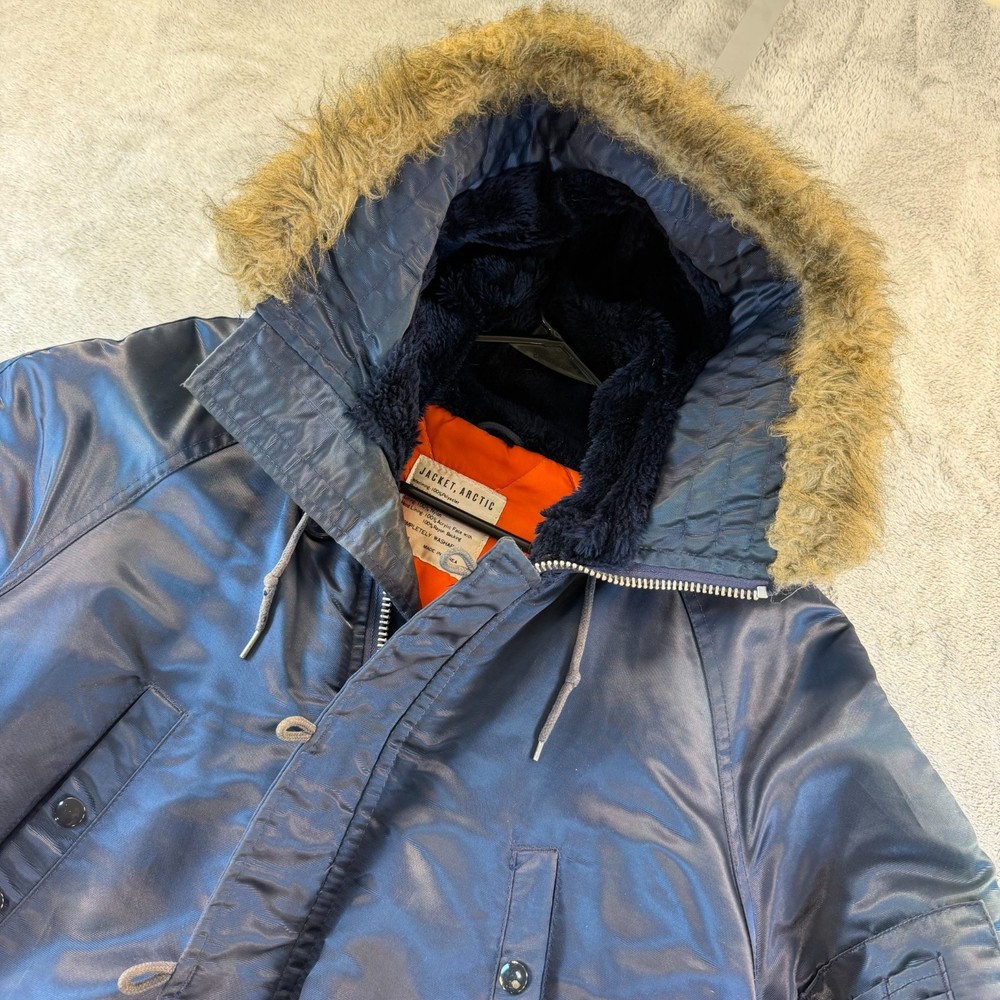 Vintage 70s Arctic Parka Coat Mens Faux Fur Hood Navy Made Korea Large