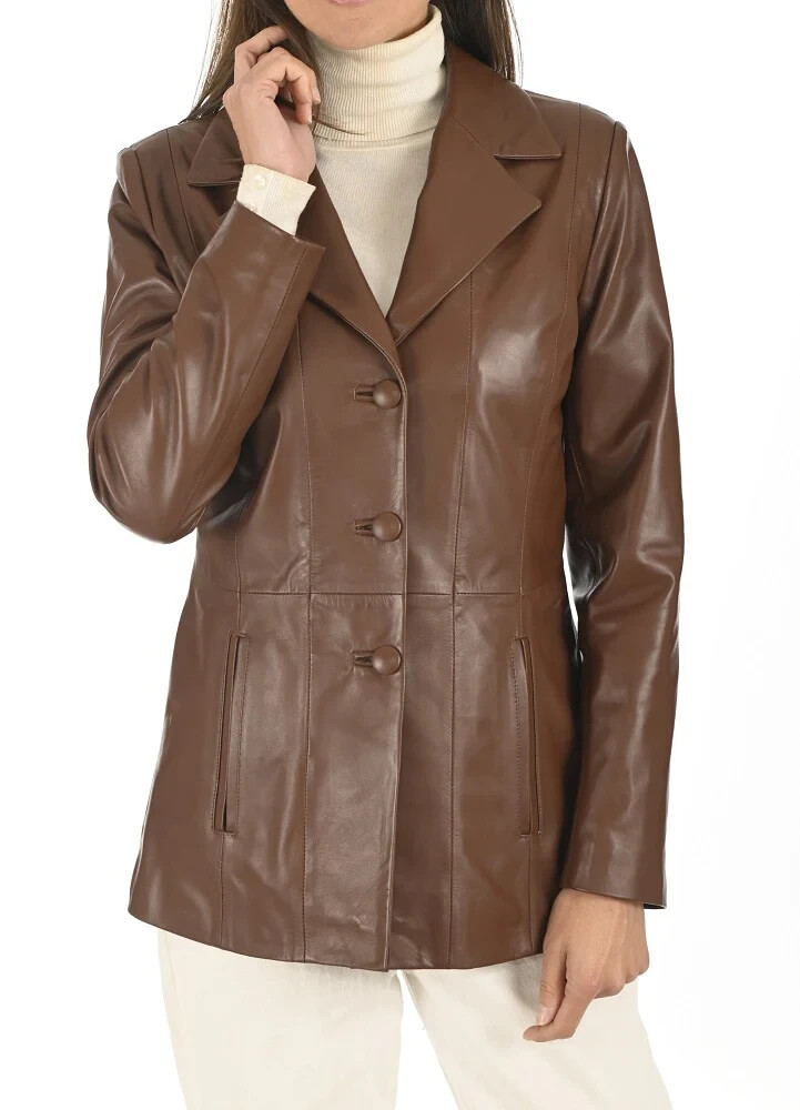Women's Brown Classic Long Coat Genuine Lambskin Leather Formal Wear Trench Coat