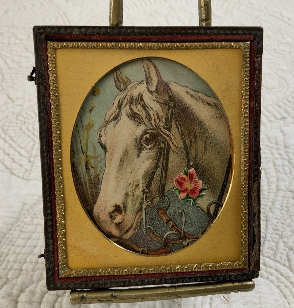Antique Victorian Trade Card Ephemera Framed, Half Union Case, Horse With Flower