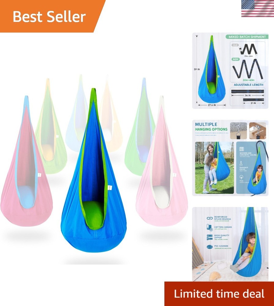 Blue Kids Pod Swing Seat - Cotton Sensory Hammock for Indoor & Outdoor Fun