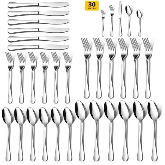 ATUPEN 30-Piece Silverware Set, Service for 6, Mirror Polished Knives Forks