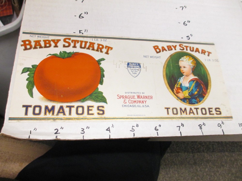 Vintage 1930s BABY STUART Tomatoes Metal Tin Can with Original Sprague Warner Paper Label