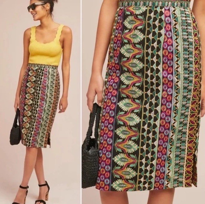 Anthropologie Vanessa Virginia Moroccan Nights Embroidered Pencil Skirt Size 0