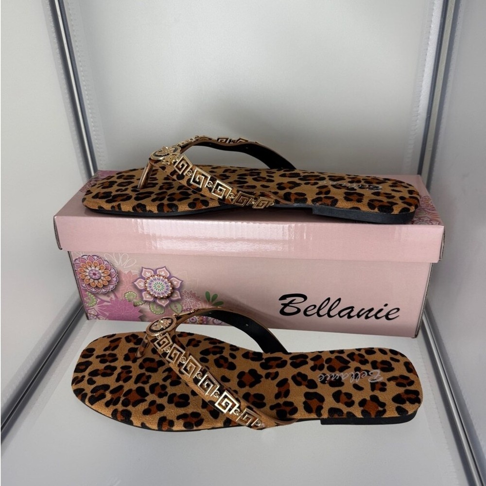 Bellanie Leopard Print Womens Flip Flops Brown Gold Size 6 Flat Sandals New