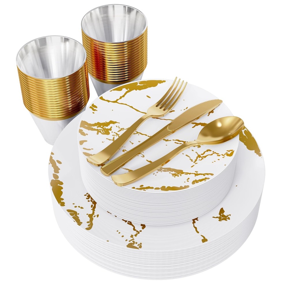 JOLLY PARTY 180-Piece Disposable Dinnerware Set for 30 Guests in White and Gold Plastic