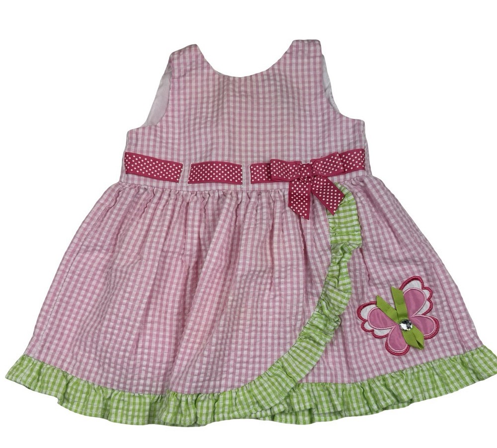 Rare Editions Pink Gingham Butterfly Dress Green Ruffle Easter Approx. 12-18M