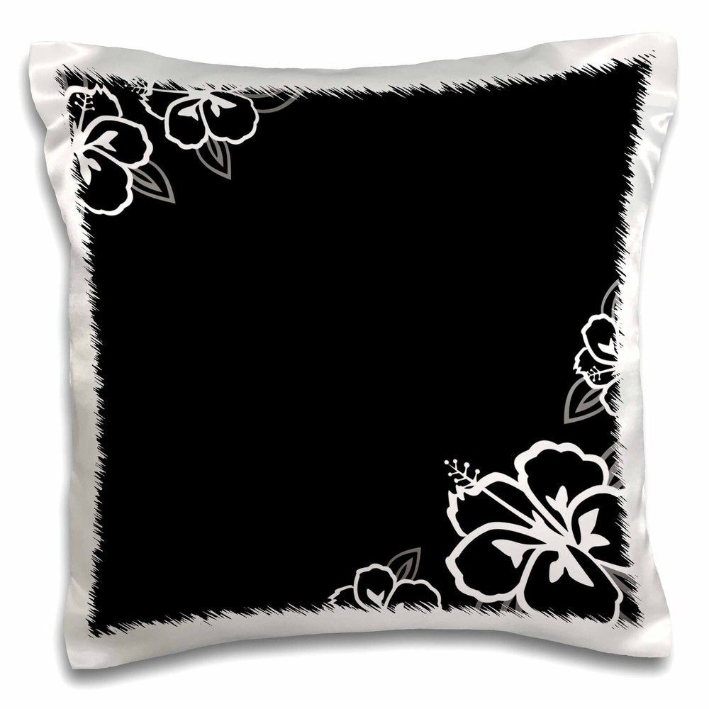 3dRose Black with White Hibiscus Flowers 16x16 inch Pillow Case