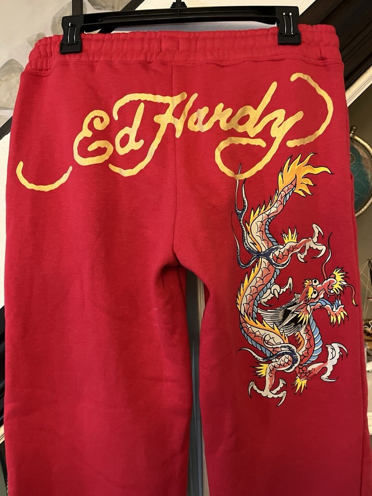 Ed Hardy Women’s Red Sweatpants Dragon Design Size M NWT