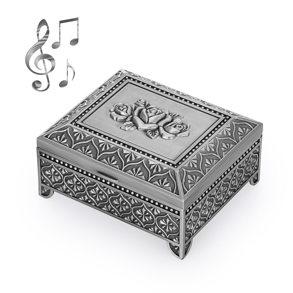 ELLDOO Vintage Silver Metal Music Jewelry Box with Rose Design for Keepsakes