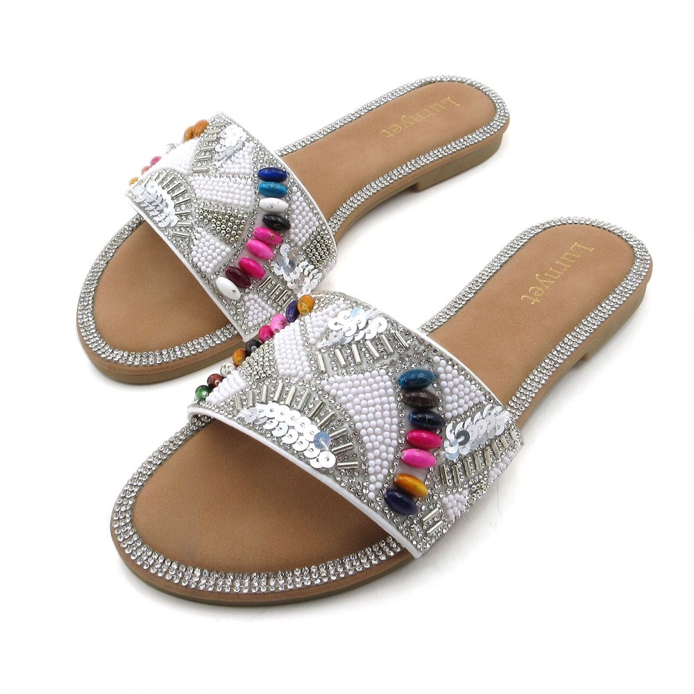 Women's Beaded Slid Sandal Crystal Rhinestone Embellished Multi-Color Gemstone