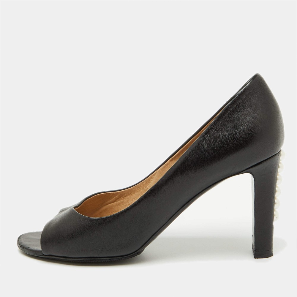 Chanel Black Leather Open Toe Pearl Heel Pumps Size 39