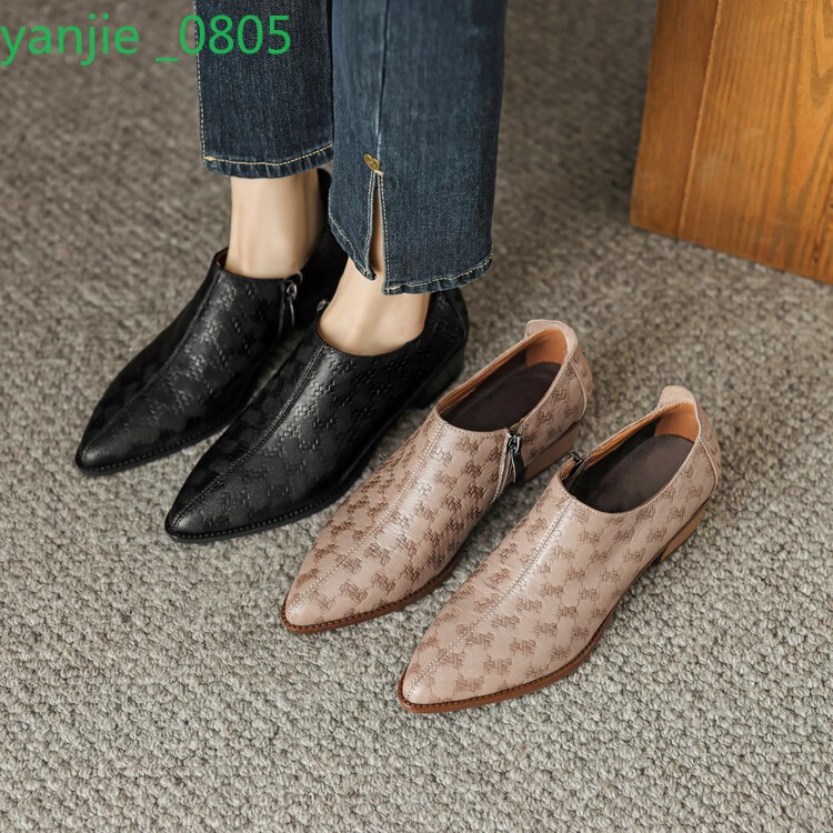 Women's Leather Ankle Boots Pointed Toe Shoes Block Heel Formal Britain Side Zip