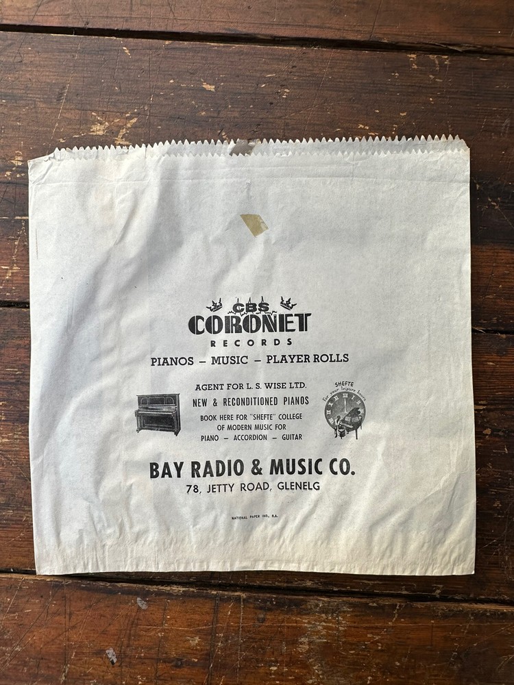 Vintage Adelaide Vinyl Record Store Paper Bag LP Size 1960's CBS Coronet Glenelg