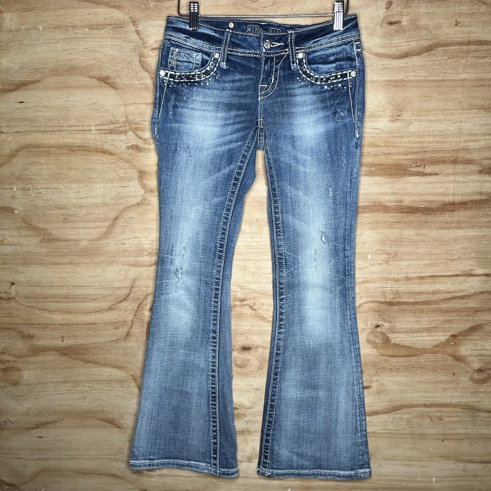 Miss Me Womens Low Rise Bootcut Jeans with Sequin Embellished Cowgirl Design