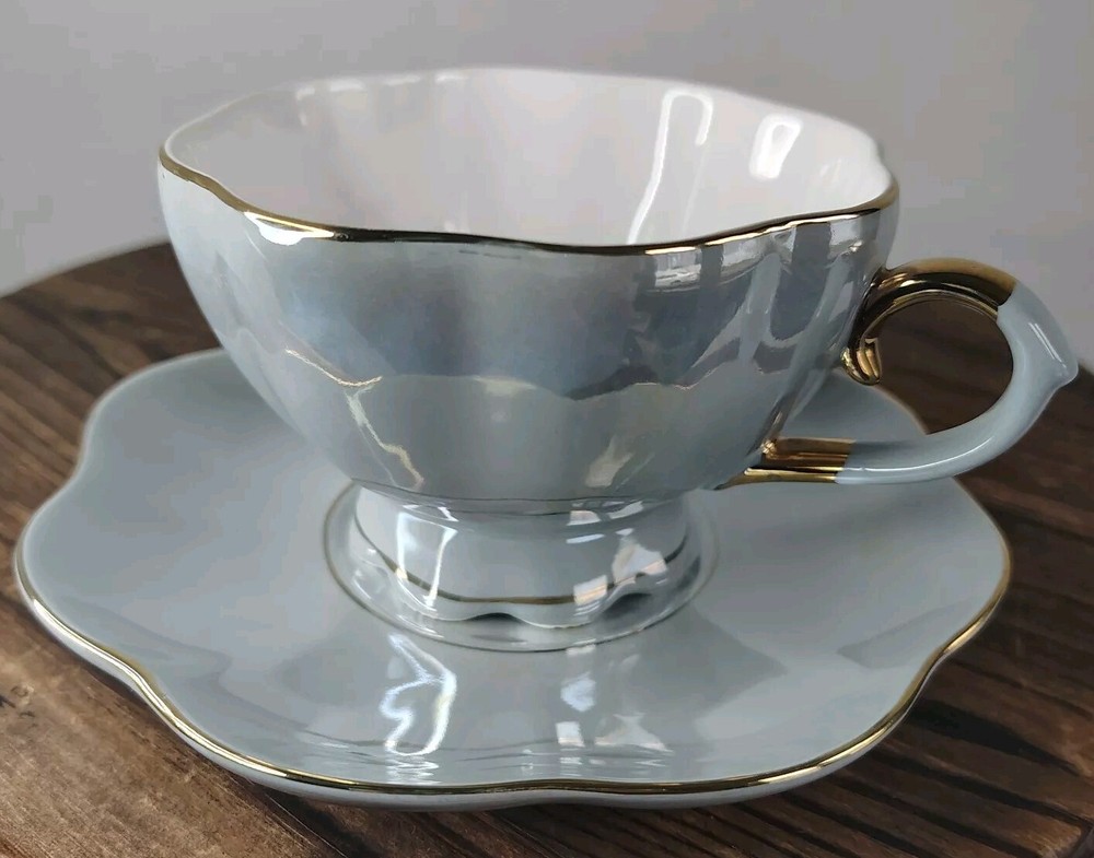 Grace’s Teaware Blue Iridescent  Tea Cup and Saucer Scalloped Edge Gold Rim