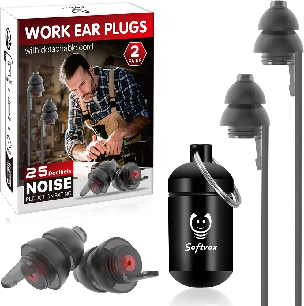 Corded Ear Plugs for Work [2 Pairs], 100X Reusable Noise Reduction Soft Earplugs