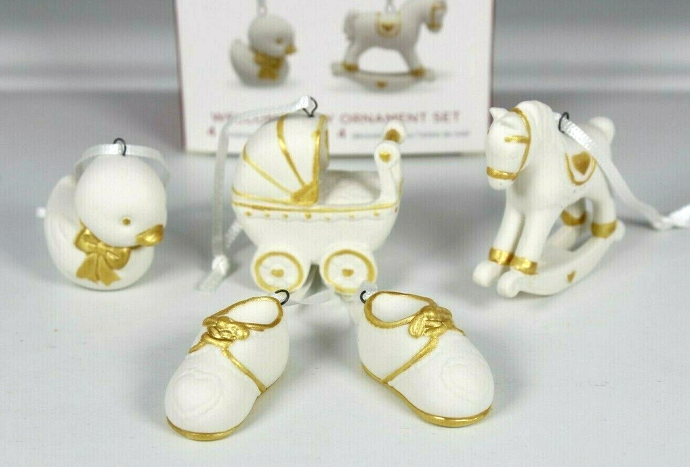 HALLMARK PORCELAIN SET OF 4 WELCOME BABY KEEPSAKE CHRISTMAS ORNAMENT SET NEW