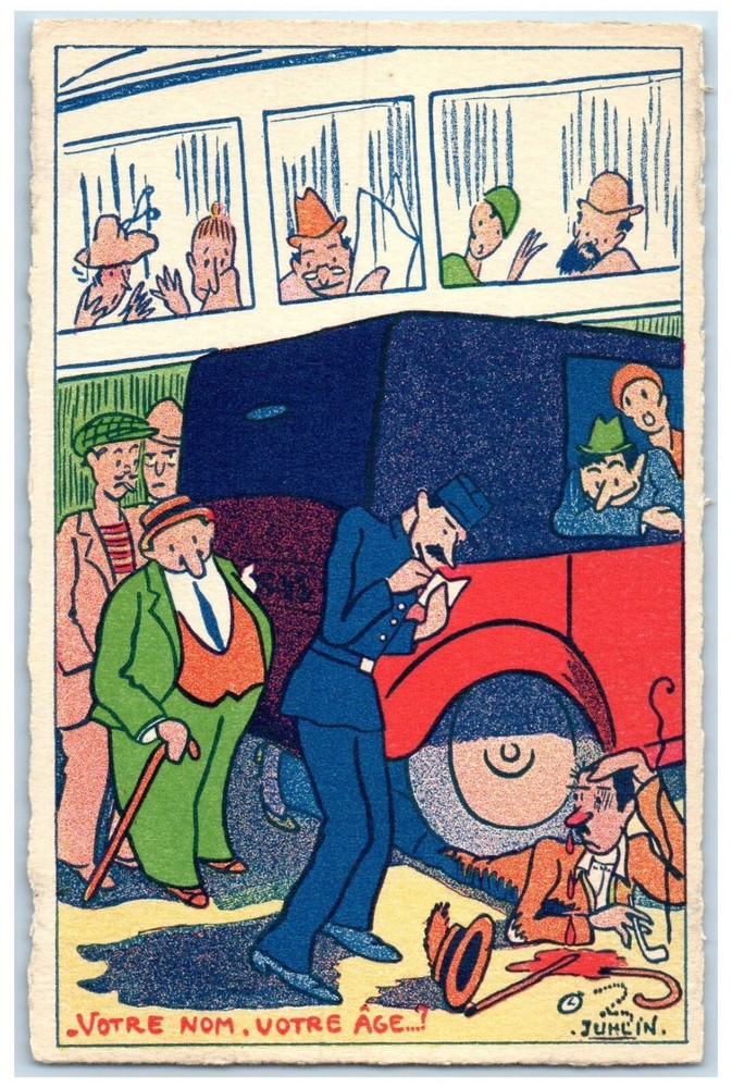 c1940's Officer Checking Your Name Your Age French Police Humor Comic Postcard