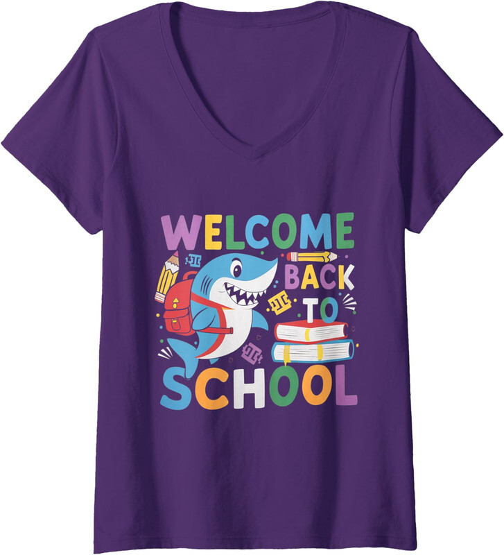 Welcome Back to School 2024-2025 Shark Funny Teacher Ladies' V-Neck Tshirt-image