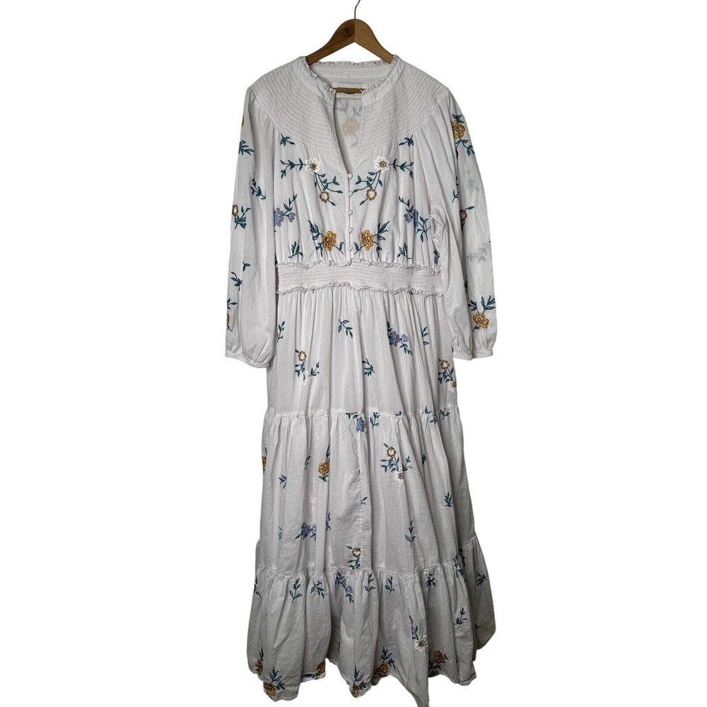 Jessakae Womens Long Sleeve Maxi Floral Embroidery White Dress Cotton India Made