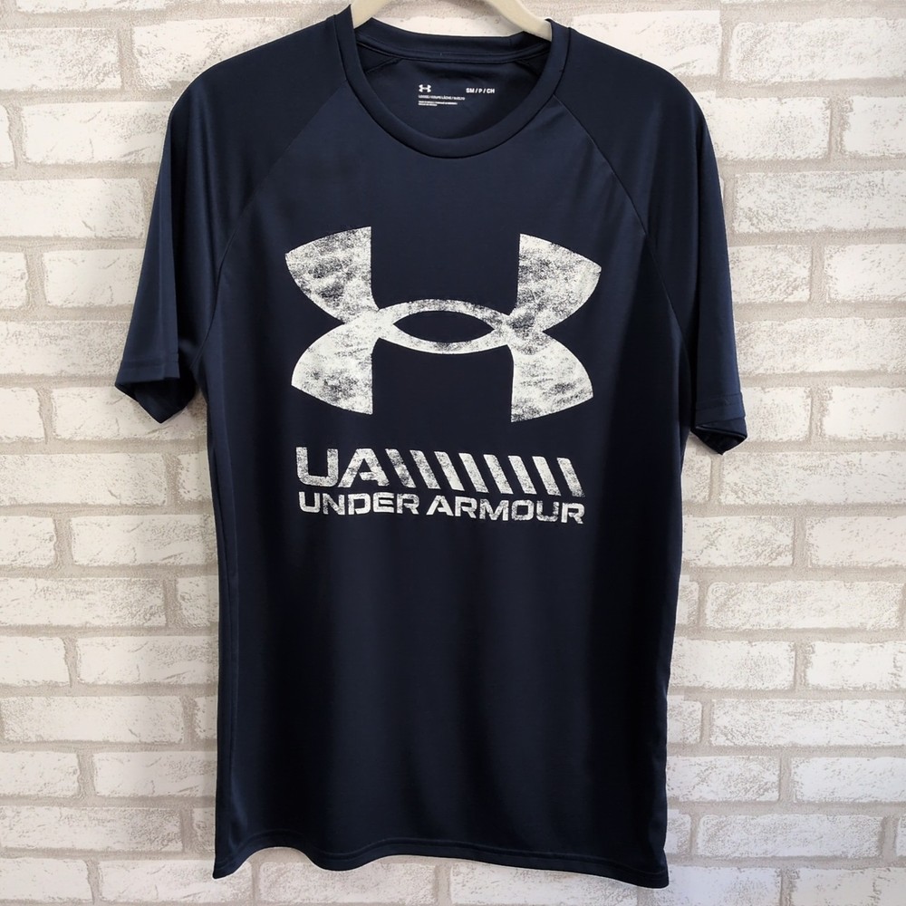 Under Armour T Shirt Mens S Navy Loose Fit Short Sleeve Big Logo Activewear Tee