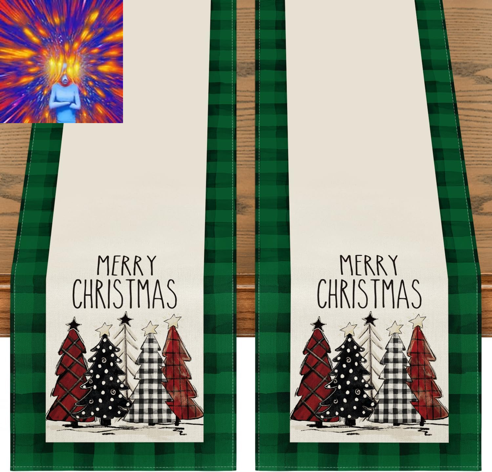Green Buffalo Plaid Xmas Trees 2PCS Merry Christmas Table Runner, Seasonal Winte