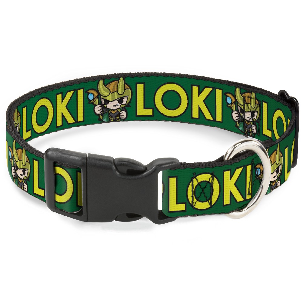 Plastic Clip Collar Kawaii LOKI Standing Pose/Text Green/Yellow WIDE-Small 13-17