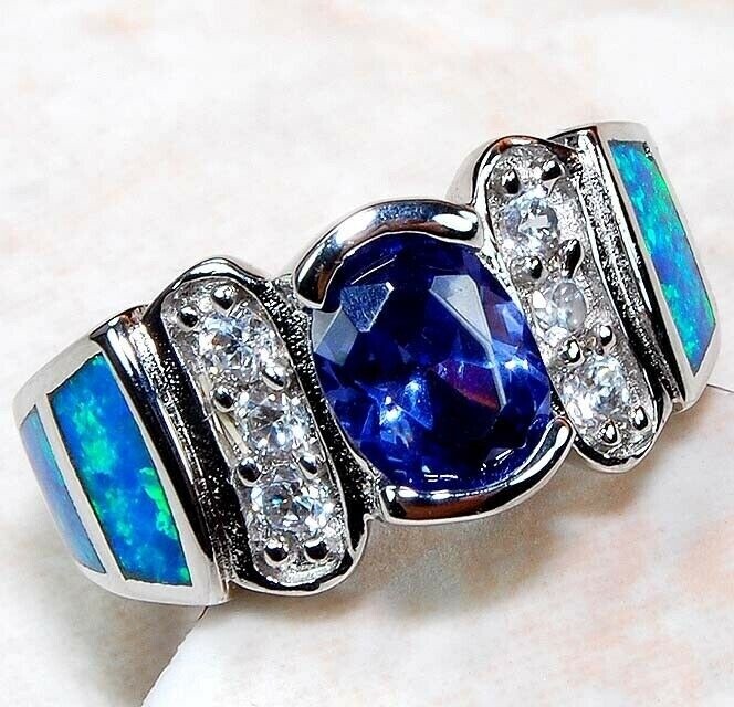 2CT Treated Sapphire Australian Opal 925 Sterling Silver Ring Size 6 BA3