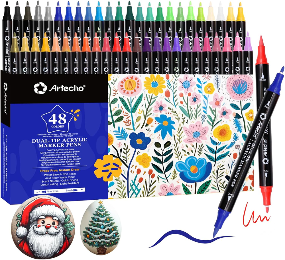 Acrylic Paint Pens 48 Colors, Dual Tip Acrylic Paint Markers with Brush Tip and