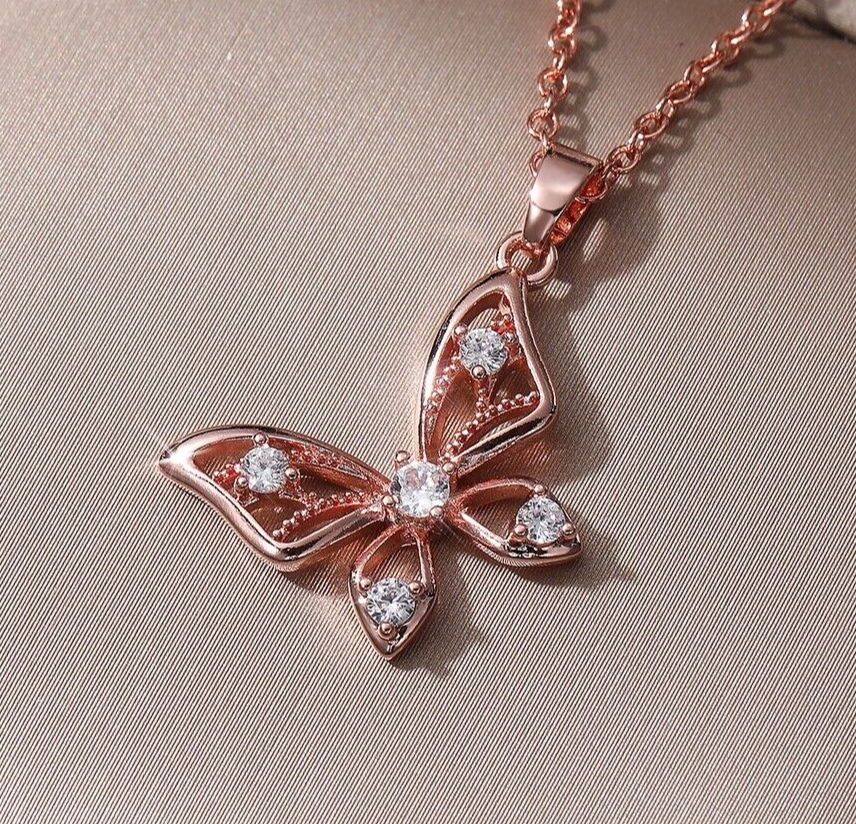 Delicate Butterfly Pendant 14K Rose Gold Plated 2.0Ct Simulated Diamond Necklace