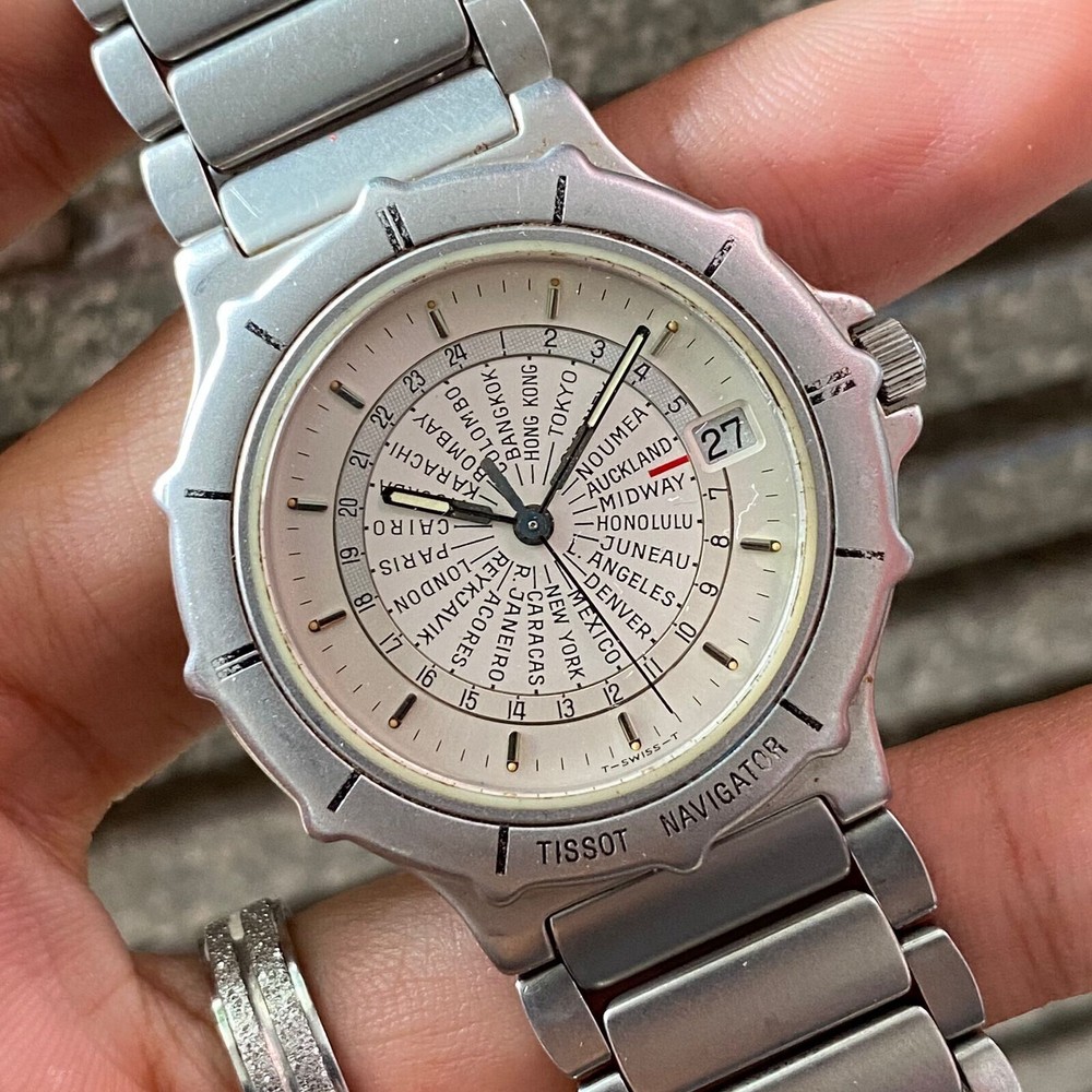 Vintage Tissot Navigator Worldtimer Men's Watch White Dial Silver Date Quartz Rare