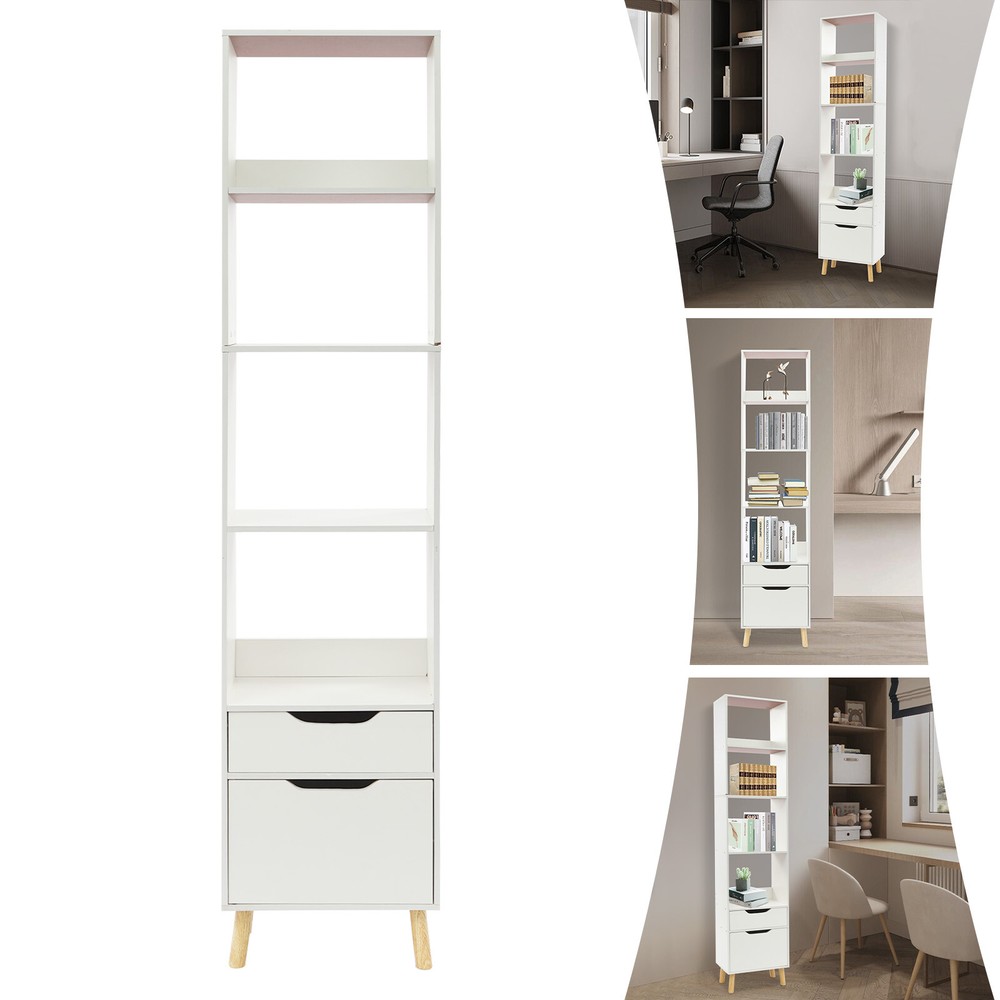 Tall Wooden Bookshelf with Storage Drawers - Living Room Bookcase Organizer Stand